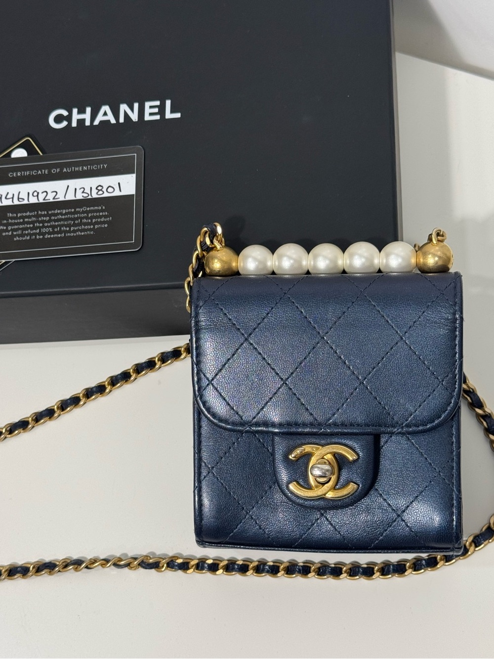 CHANEL Interlocking CC Chic Pearls Mini Flap Navy Blue Crossbody Bag